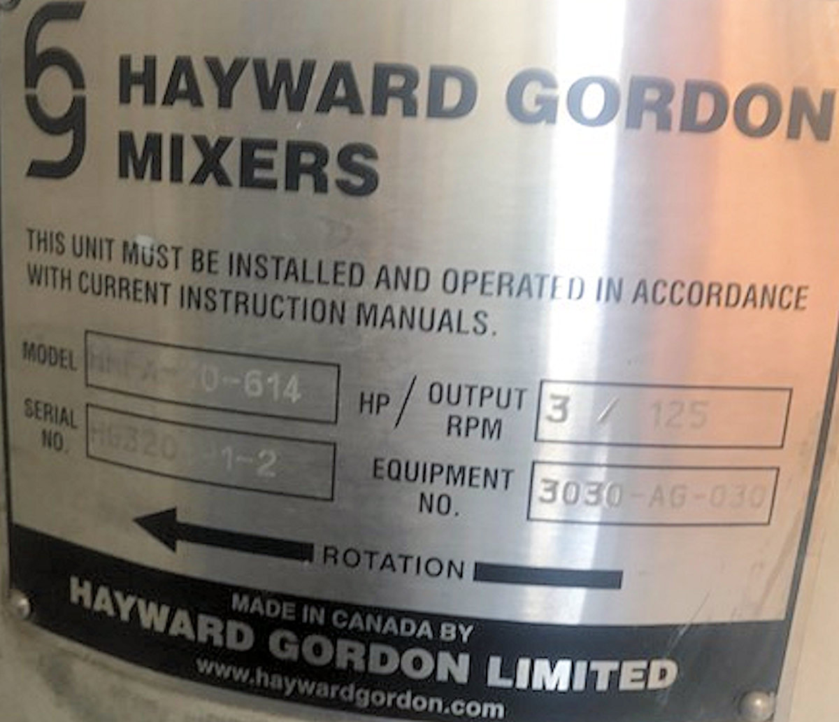 Unused Hayward Gordon Model Hrfx-30-614 Agitator With 3 Hp Motor)